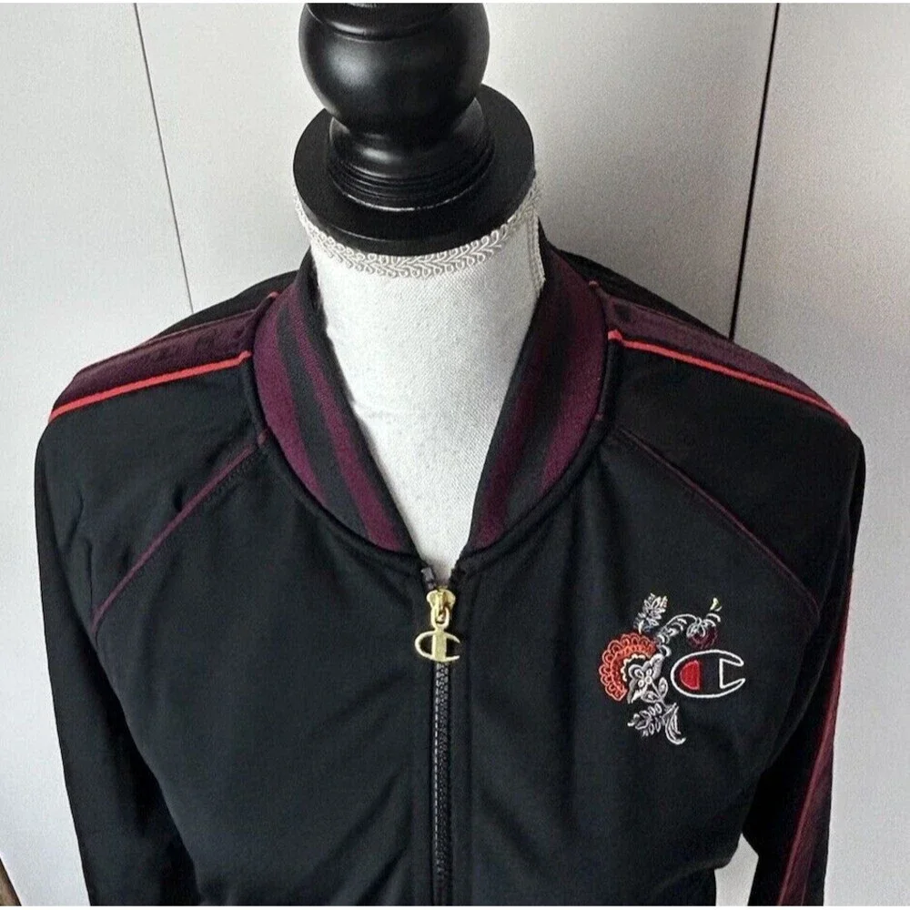 Champion Jacket Womens Sz M Black Red Purple Zip Logo Track Coat Pockets